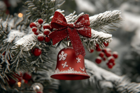 Festive Christmas tree adorned with a red bell ornament and a ribbon bowの素材