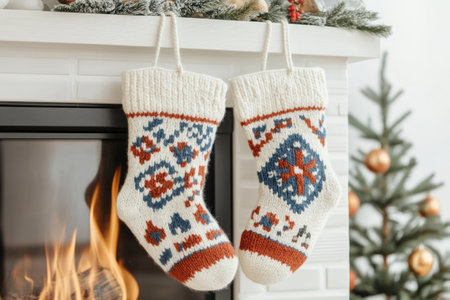 Pair of knitted socks with colorful pattern hang by a fireplace. Warm Christmas atmosphereの素材