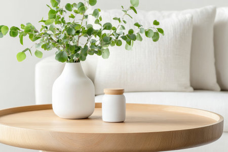 Wooden coffee table with a white vase of green plants in minimalist living roomの素材