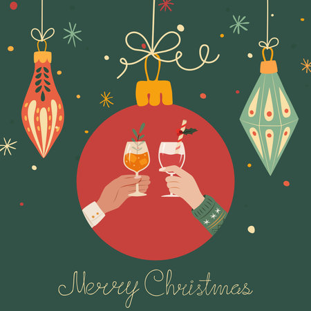 Christmas illustration with festive ornaments and hands toasting with drinks on a dark green backgroundのイラスト素材