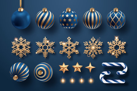 A set of blue and gold Christmas decorations with ornaments, glittering snowflakes, stars, and candy canesのイラスト素材