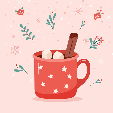 Star patterned mug filled with hot cocoa, marshmallows, and a cinnamon stick surrounded by festive decorationsのイラスト素材