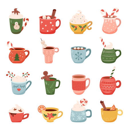 Festive mugs filled with hot cocoa, coffee, and seasonal decorations like candy canes, marshmallows, and spicesのイラスト素材