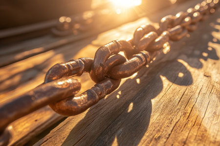 Heavy chain against a metal surface at a harborの素材