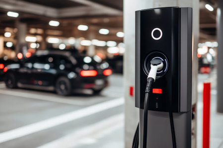 EV charging port with glowing lights. Clean energy and sustainable urban transportationの素材