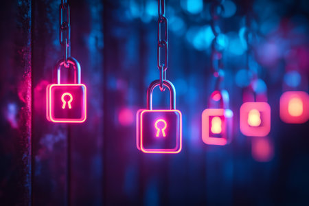 Neon pink padlocks symbolizing cybersecurity on a digital backgroundの素材