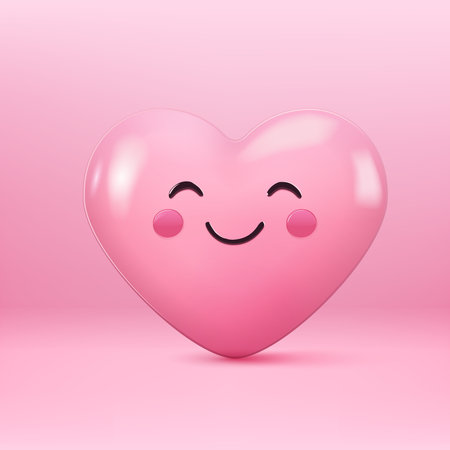 Adorable pink heart with a smiling face and rosy cheeks on a pink background