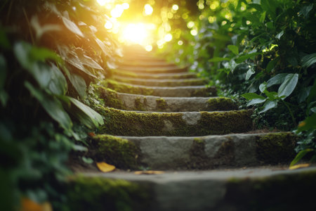 Stone steps covered in green moss surrounded by dense foliage and sunlight filtering through treesの素材