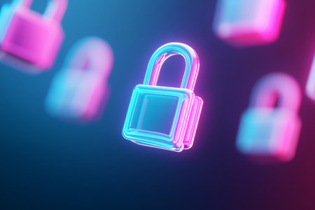 Neon pink padlocks symbolizing cybersecurity on a digital backgroundの素材