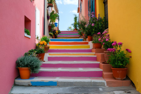 Multicolored staircase surrounded by blooming potted flowers and colorful wallsの素材