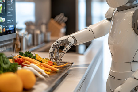 Humanoid robot prepares fresh vegetable dishes in a modern kitchenの素材