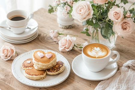 Plate of pancakes topped with powdered sugar and a heart shaped design, paired with a latte and rosesの素材