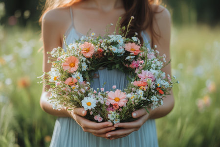 Woman holding floral delicate wreath in natureの素材