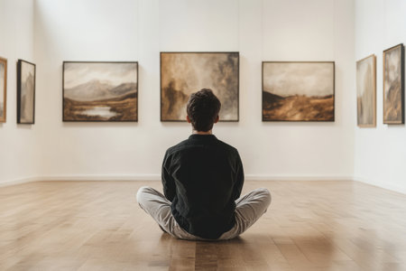 Man sits on the floor of an art gallery, observing a collection of paintingsの素材