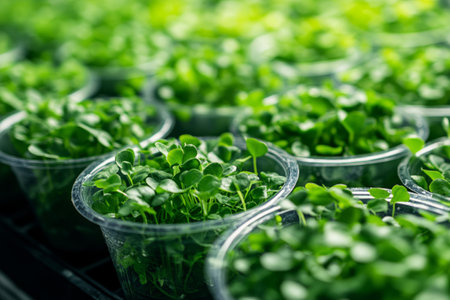 Fresh microgreens growing in small plastic containersの素材