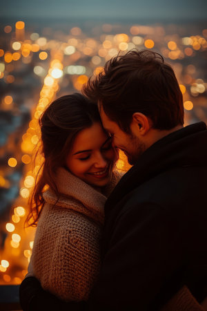 Romantic couple embracing with city lights backgroundの素材