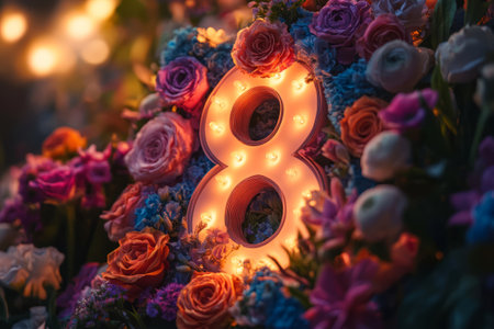 Decorative number eight with colorful flowers and lightsの素材