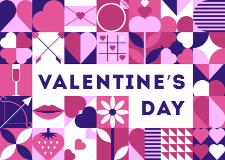 Valentines Day design with geometric love symbols, including hearts, arrows, flowers and romantic elementsのイラスト素材