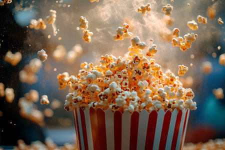 Popcorn exploding out of a classic striped boxの素材