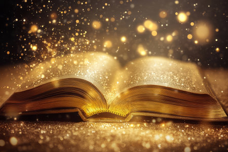 Magical golden book glowing with mystical energyの素材