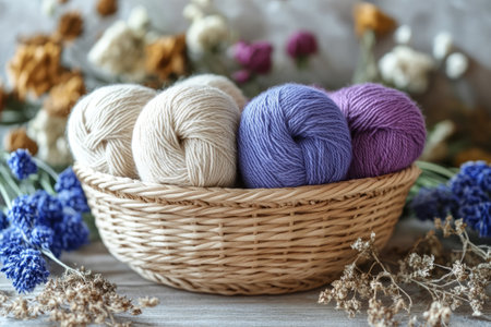 Wicker basket filled with various colored yarn balls, surrounded by dried flowersの素材