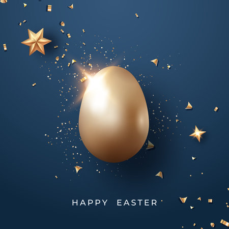 Shiny golden Easter egg surrounded by stars and confettiのイラスト素材