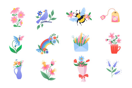 Set of spring elements with flowers, plants and insectsのイラスト素材