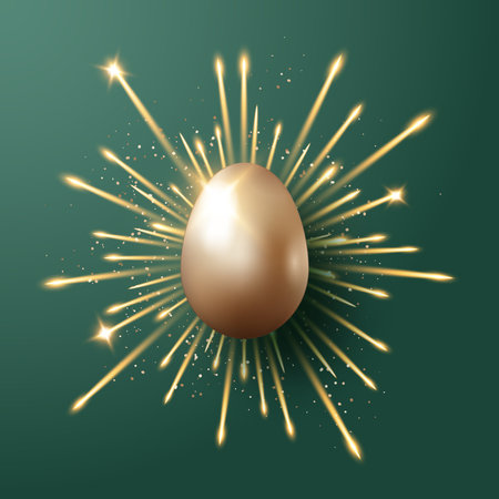 Golden Easter egg with radiant firework sparks on dark green backgroundのイラスト素材