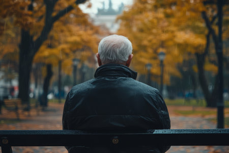 Back view of elderly man sits on a park bench during a rainy dayの素材