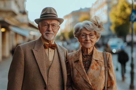 Elegant senior couple wearing fashionable clothes walking together in an urban setting on a sunny dayの素材