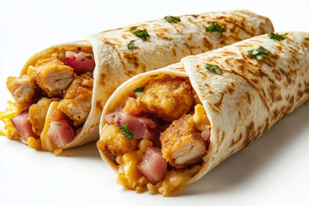 Delicious grilled burrito with melted cheese, seasoned chicken and fresh vegetablesの素材