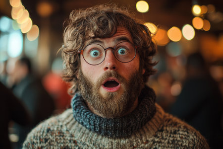 Portrait of a bearded man with glasses and a shocked expressionの素材