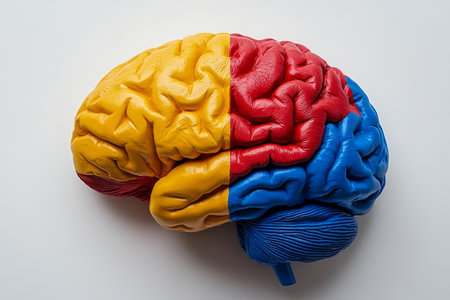 Colorful model of the human brain showcasing segmented sections in vivid yellow, red, and blueの素材