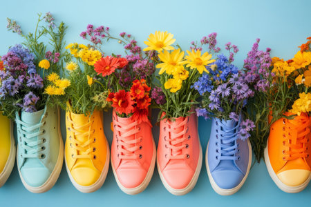 Brightly colored sneakers repurposed as flower vases, filled with fresh wildflowers, arranged against a pastel blue backgroundの素材