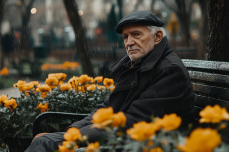 Elderly man wearing cap and coat sits on a park bench surrounded by flowersの素材