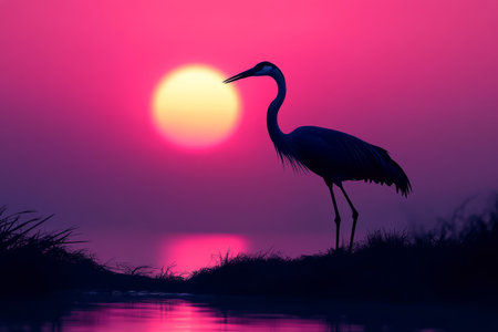 Crane silhouette against a vivid pink and orange sunset. Serene wildlife sceneの素材