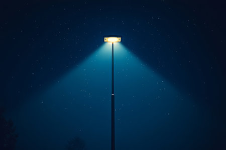 Single street lamp illuminates the empty roadの素材