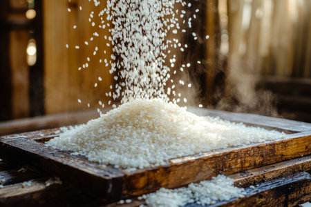 Rice grains falling onto a rustic wooden tray with in a warm natural settingの素材
