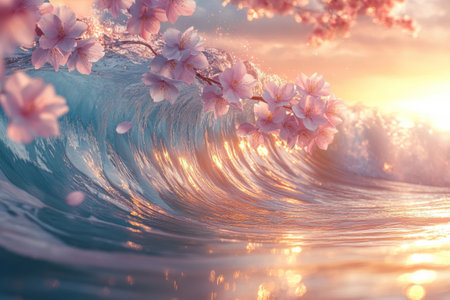 Ocean wave reflecting golden sunlight as delicate cherry blossoms float aboveの素材