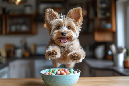 Happy dog mid air jumping towards a bowl filled with dog treats in a modern kitchenの素材