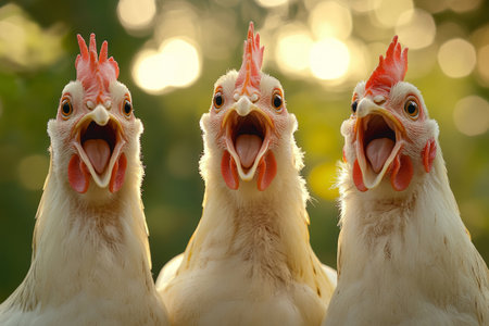 Three white chickens with open beaks, looking surprised or singing in unisonの素材