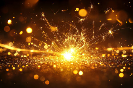 Bright golden fireworks explosion with shimmering sparks and glowing bokeh lightsの素材