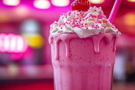 Pink milkshake topped with whipped cream, pink sprinkles, and a cherry, served in a retro style diner. Creamy dessert drink with a nostalgic ambianceの素材
