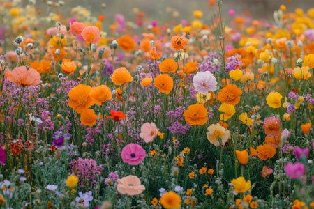 Vibrant wildflower meadow filled with blooming flowersの素材