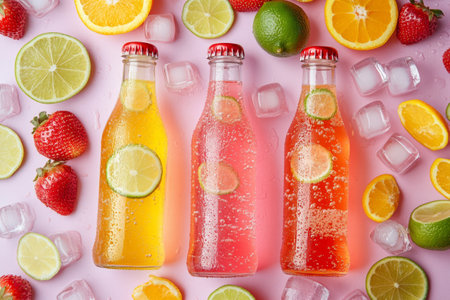 Three glass bottles filled with colorful soda, surrounded by citrus slices, strawberries, and ice cubesの素材
