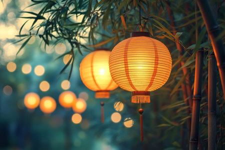 Elegant Chinese lanterns emitting a warm glow, hanging among bamboo branches in a tranquil nighttime settingの素材