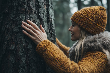Woman in warm autumn clothing gently touches the bark of a tree in a peaceful forestの素材