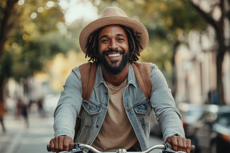 Happy man with beard riding a bicycle through a lively city streetの素材