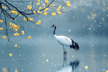Red crowned crane standing in water, surrounded by falling snow and yellow blossomsの素材