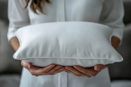 Woman in a white outfit holding a soft white pillowの素材